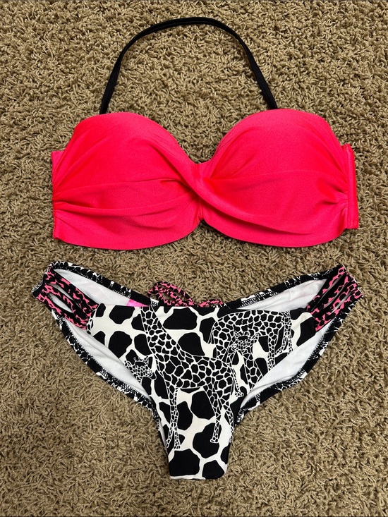 Luli Fama Other - Luli Fama Hot Pink Bandeau Bikini Top with Black & White Animal Print Bottom